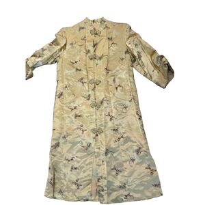 Vtg Hong Kong Chinese Silk Brocade Frog Closure Long Jacket Gold Floral Asian